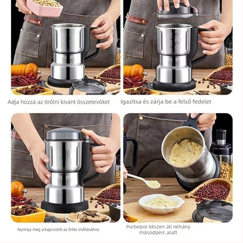 Családi használatra szánt gabonaőrlő/feldolgozó készülék rozsdamentes acél tartállyal, dupla keverőlapát, 20 000–29 999 rpm, 110–240V, kapacitás 1 L alatt, teljesen automata működés