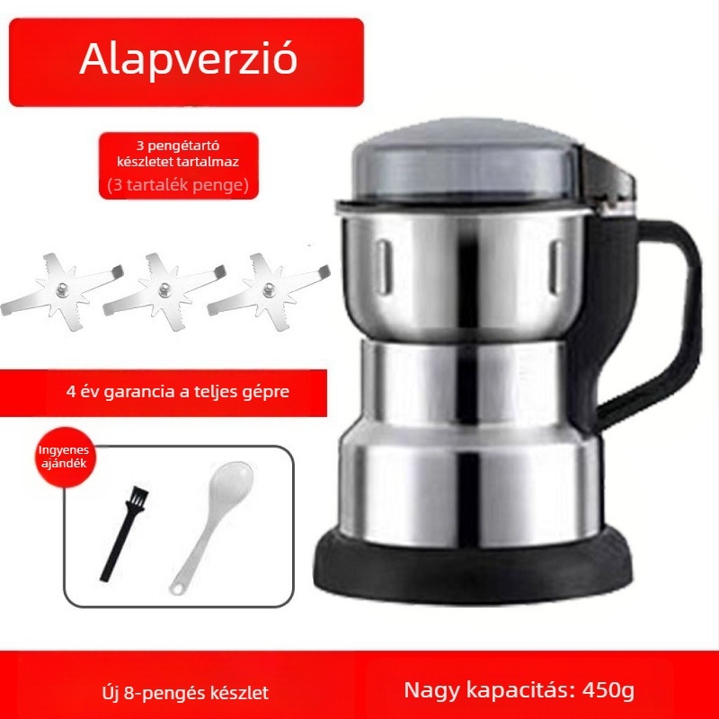 Családi használatra szánt gabonaőrlő/feldolgozó készülék rozsdamentes acél tartállyal, dupla keverőlapát, 20 000–29 999 rpm, 110–240V, kapacitás 1 L alatt, teljesen automata működés