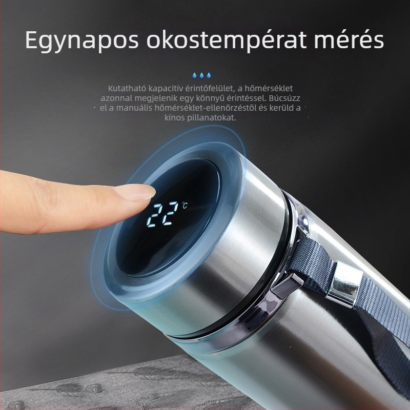 Okos rozsdamentes acél termosz üzleti használatra LED érintőképernyővel, intelligens vezérlés, tea-víz szétválasztás, belső 304 / külső 201 acél, 12–24 órás izoláció