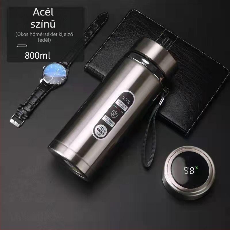 Okos rozsdamentes acél termosz üzleti használatra LED érintőképernyővel, intelligens vezérlés, tea-víz szétválasztás, belső 304 / külső 201 acél, 12–24 órás izoláció