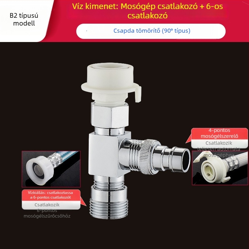 Gyorscsatlakozású mosógép Tee: háromutas bemenet-kimenet 1-2, sárgaréz, kerámiakorongos szelepmag