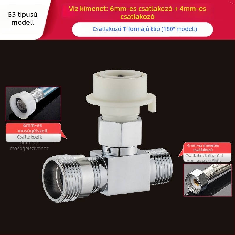 Gyorscsatlakozású mosógép Tee: háromutas bemenet-kimenet 1-2, sárgaréz, kerámiakorongos szelepmag