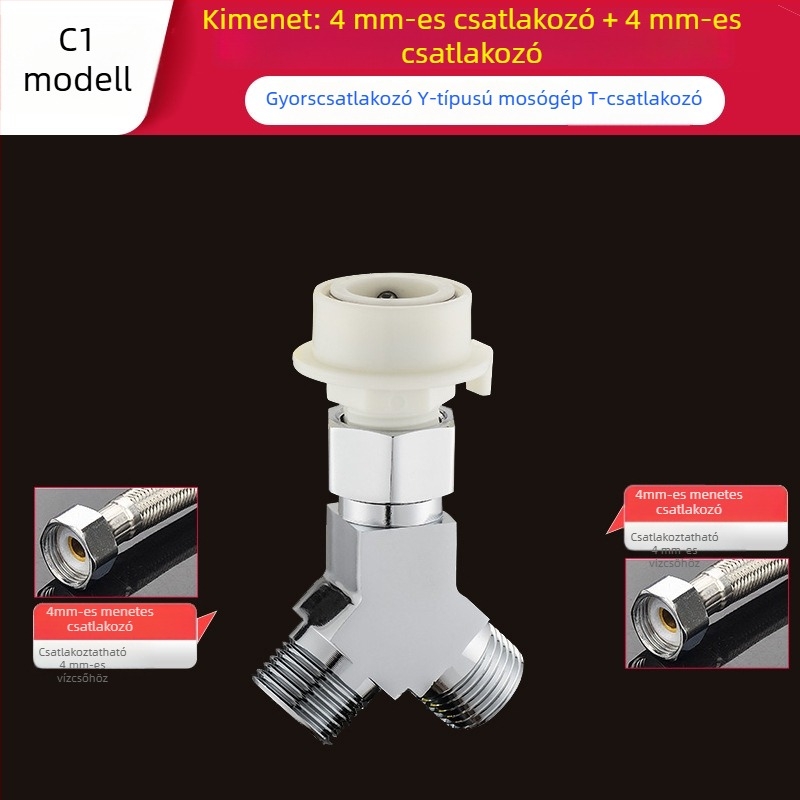 Gyorscsatlakozású mosógép Tee: háromutas bemenet-kimenet 1-2, sárgaréz, kerámiakorongos szelepmag