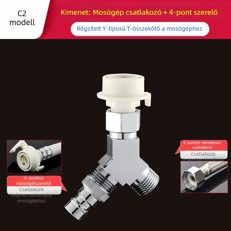 Gyorscsatlakozású mosógép Tee: háromutas bemenet-kimenet 1-2, sárgaréz, kerámiakorongos szelepmag