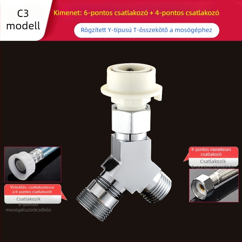Gyorscsatlakozású mosógép Tee: háromutas bemenet-kimenet 1-2, sárgaréz, kerámiakorongos szelepmag