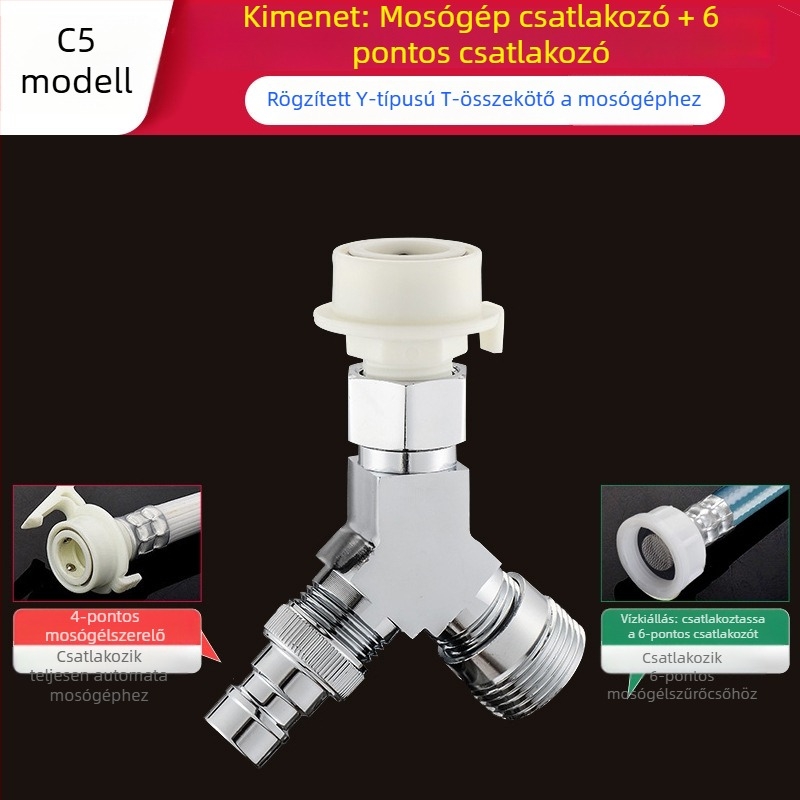 Gyorscsatlakozású mosógép Tee: háromutas bemenet-kimenet 1-2, sárgaréz, kerámiakorongos szelepmag