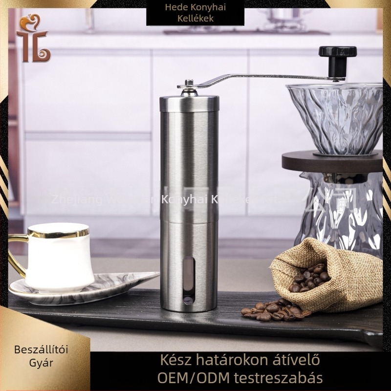 Kézi kávédaráló, 304 rozsdamentes acél test, kerámiás őrlő, hordozható, kézi működtetés