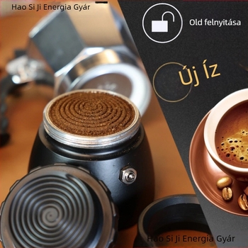 Fél‑automat moka pot kiegészítő: lépcsőzetes porátviteli gyűrű, poradagoló és tampere – porrápás elleni védelem, kiömlés megelőzése