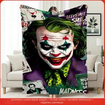 Bohóc témájú flanel pléd — poliészter, kevesebb mint 300 g, fényképekkel testreszabható, egész éves használatra alkalmas