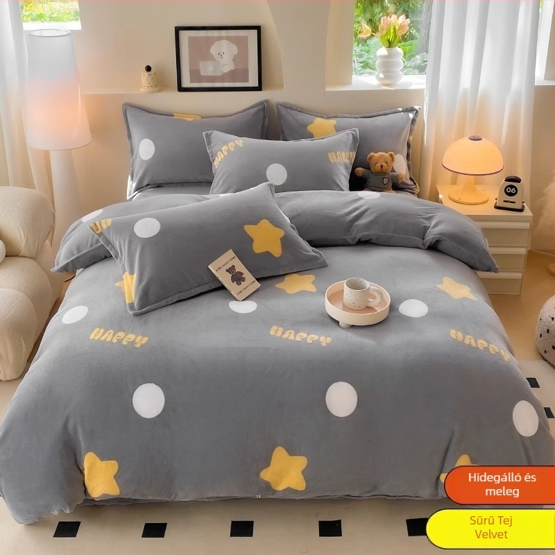 Tej-velúr paplanhuzat, kétoldalas bélés, téli plüss textúra, minták: csíkok, geometriai, rajzfilm; szövés: kefélés; nyomtatás és festés; paplanhuzat