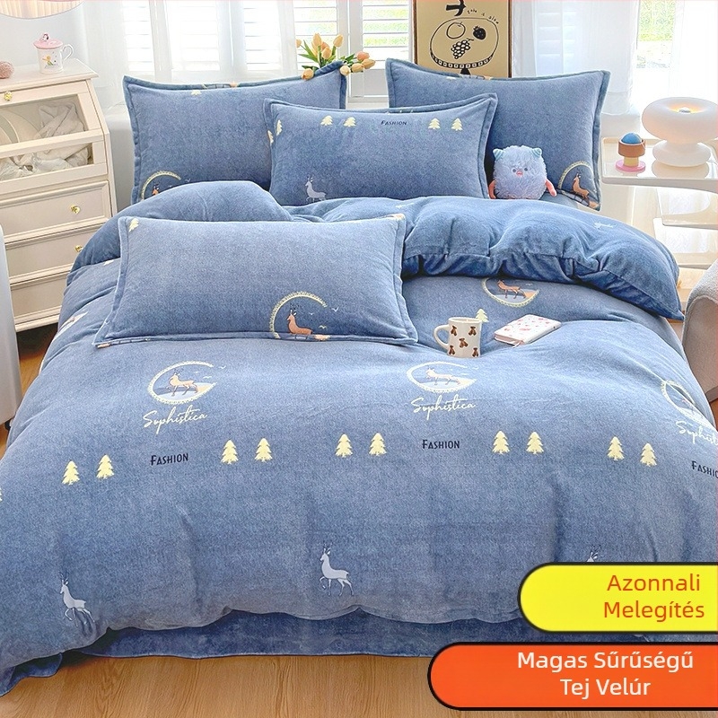 Tej-velúr paplanhuzat, kétoldalas bélés, téli plüss textúra, minták: csíkok, geometriai, rajzfilm; szövés: kefélés; nyomtatás és festés; paplanhuzat