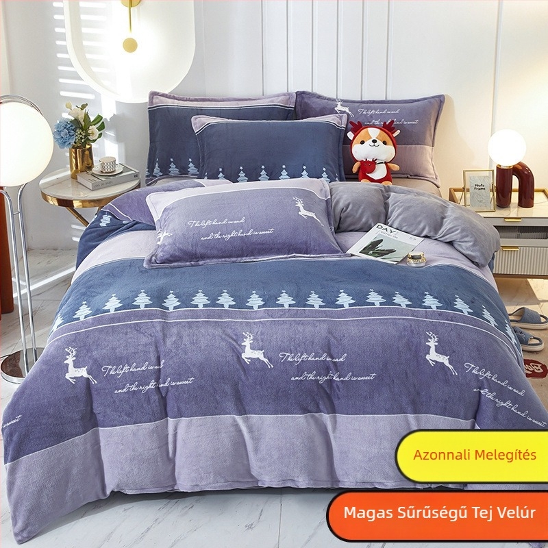 Tej-velúr paplanhuzat, kétoldalas bélés, téli plüss textúra, minták: csíkok, geometriai, rajzfilm; szövés: kefélés; nyomtatás és festés; paplanhuzat