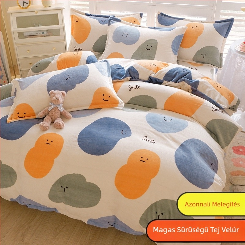 Tej-velúr paplanhuzat, kétoldalas bélés, téli plüss textúra, minták: csíkok, geometriai, rajzfilm; szövés: kefélés; nyomtatás és festés; paplanhuzat