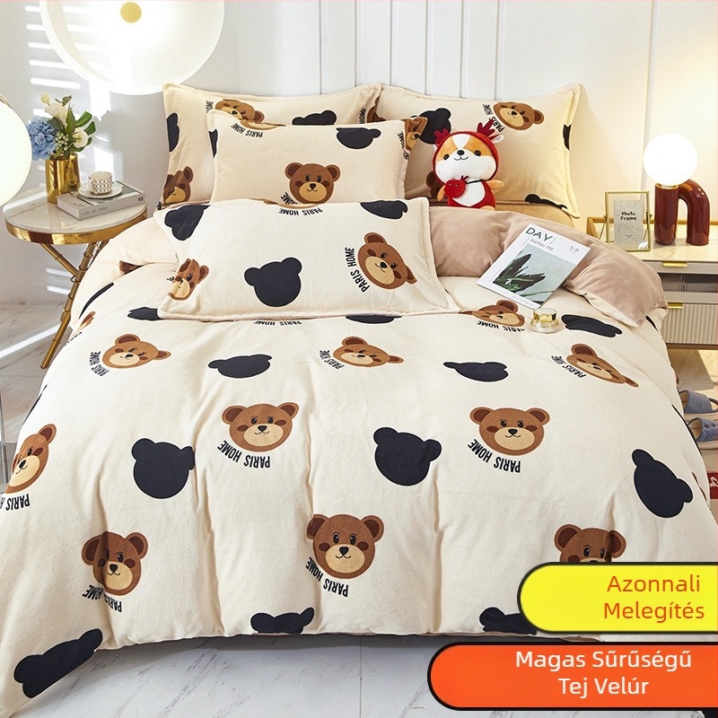 Tej-velúr paplanhuzat, kétoldalas bélés, téli plüss textúra, minták: csíkok, geometriai, rajzfilm; szövés: kefélés; nyomtatás és festés; paplanhuzat