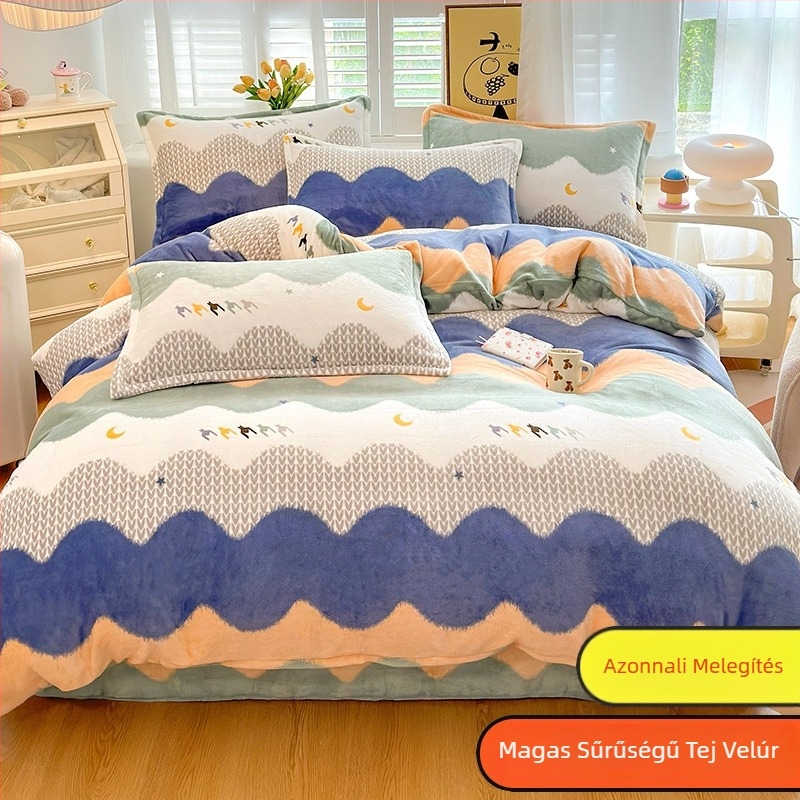 Tej-velúr paplanhuzat, kétoldalas bélés, téli plüss textúra, minták: csíkok, geometriai, rajzfilm; szövés: kefélés; nyomtatás és festés; paplanhuzat