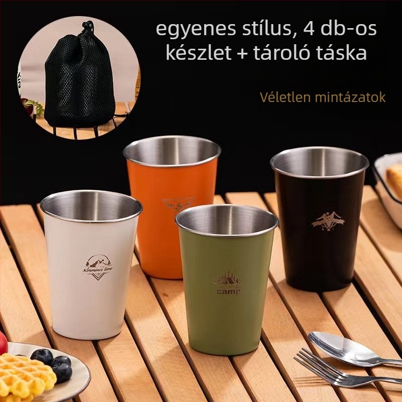 304 rozsdamentes acélból készült egy rétegű kempinges kávéscsésze, hordozható, modell A300-350, súly 58 g, egy személyre