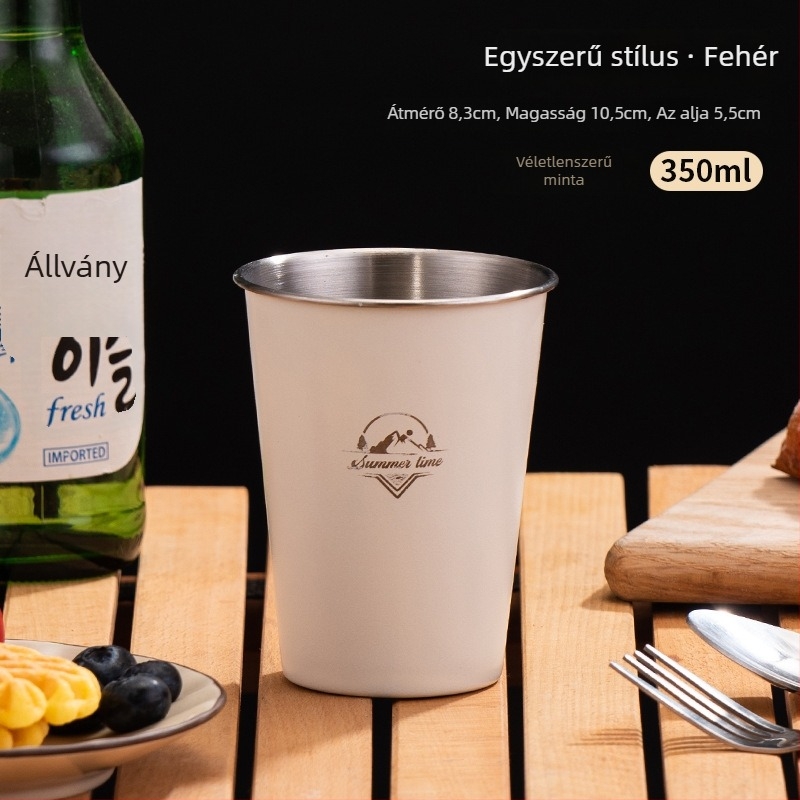 304 rozsdamentes acélból készült egy rétegű kempinges kávéscsésze, hordozható, modell A300-350, súly 58 g, egy személyre