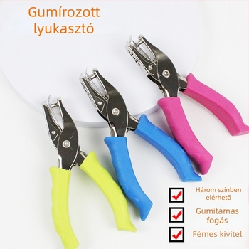 Kézi lyukasztó gumírozott markolattal és fém testtel (Modell 130BJ6G, 1 lyuk, kézi működtetés, tömeg 87 g)