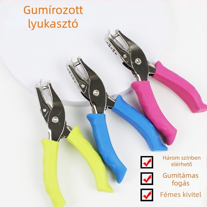 Kézi lyukasztó gumírozott markolattal és fém testtel (Modell 130BJ6G, 1 lyuk, kézi működtetés, tömeg 87 g)