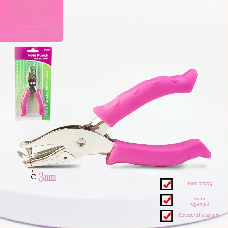 Kézi lyukasztó gumírozott markolattal és fém testtel (Modell 130BJ6G, 1 lyuk, kézi működtetés, tömeg 87 g)