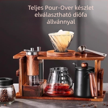 Pour-over kávé készlet tömörfa állvánnyal, kézi őrlővel és otthoni használatra
