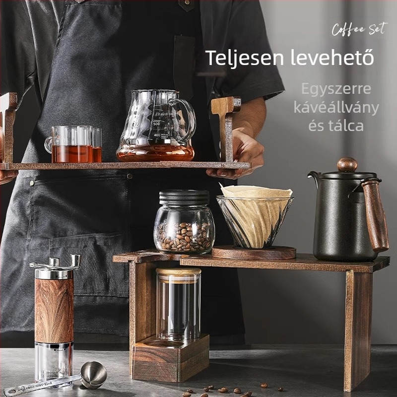Pour-over kávé készlet tömörfa állvánnyal, kézi őrlővel és otthoni használatra