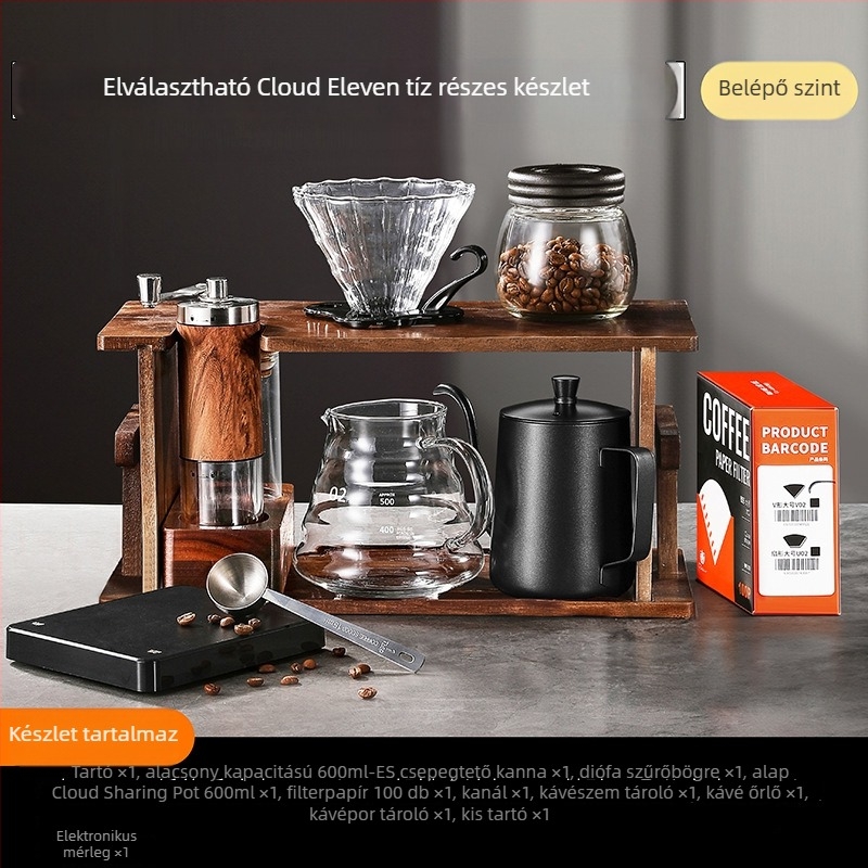 Pour-over kávé készlet tömörfa állvánnyal, kézi őrlővel és otthoni használatra