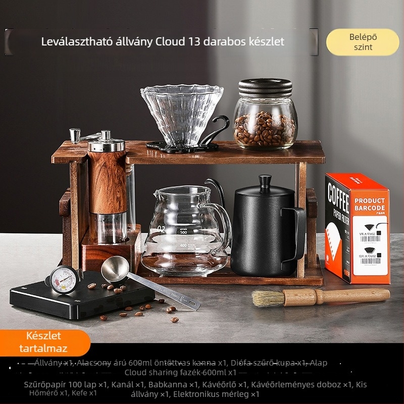 Pour-over kávé készlet tömörfa állvánnyal, kézi őrlővel és otthoni használatra