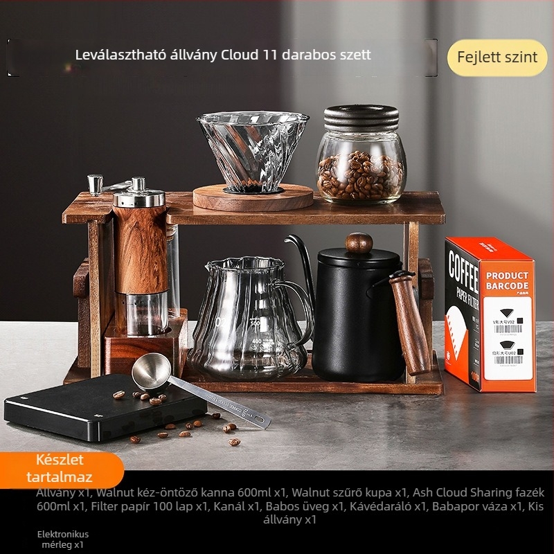Pour-over kávé készlet tömörfa állvánnyal, kézi őrlővel és otthoni használatra