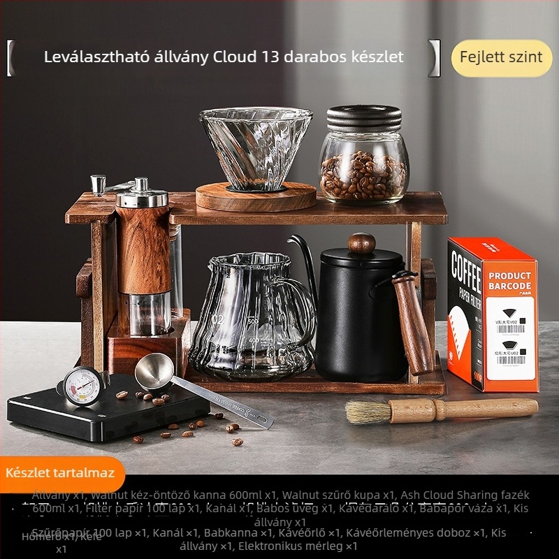 Pour-over kávé készlet tömörfa állvánnyal, kézi őrlővel és otthoni használatra