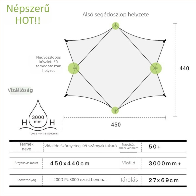 Kültéri kempingre alkalmas árnyékoló sátor pillangó alakú, Oxford szövet, 3000 mm vízállóság, kézi összeszerelés, vas váz