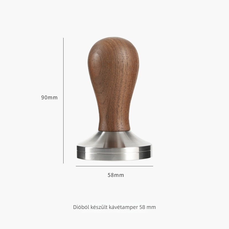 Rozsdamentes acél espresso tampér, menetes fa nyéllel, modern minimalist dizájn, logó kompatibilis