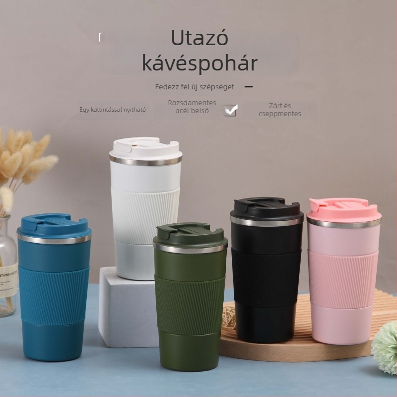 304 rozsdamentes acélból készült kávés termosz szilikon burkolattal, dupla falú, vákuumos szigetelés, csúszásmentes, hordozható autóhoz