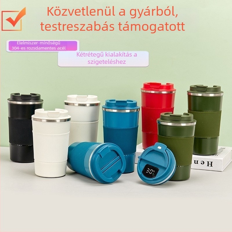 304 rozsdamentes acélból készült kávés termosz szilikon burkolattal, dupla falú, vákuumos szigetelés, csúszásmentes, hordozható autóhoz