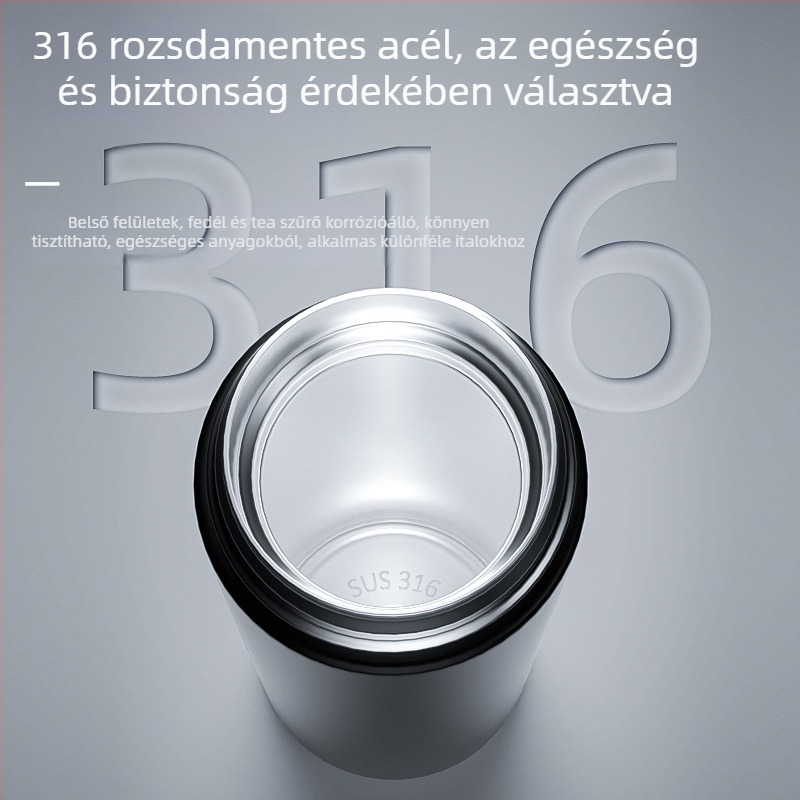 316 rozsdamentes acél belsővel, 304 külső fal, intelligens hőmérséklet-kijelző, tea-víz elválasztás, 6–12 órás szigetelés, autó- és utazáshoz