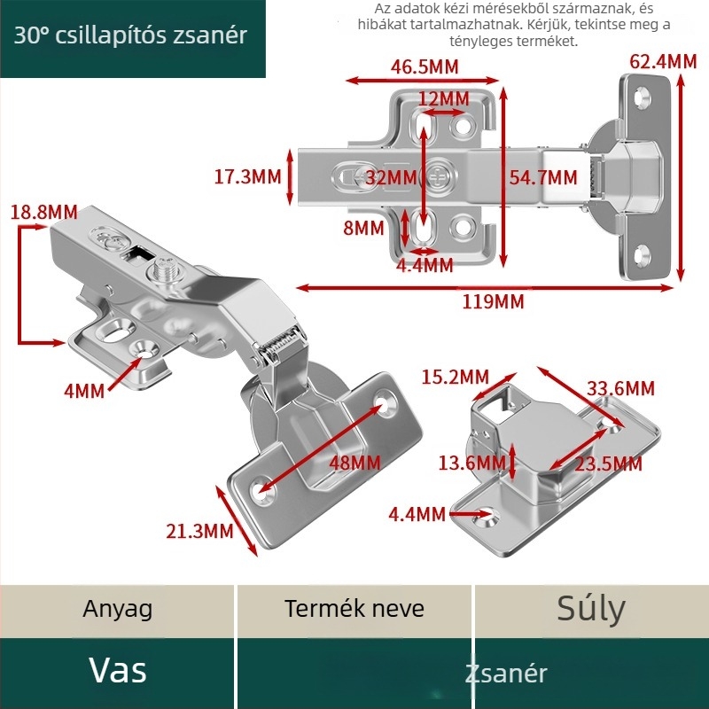 Csendes csillapítású szekrényajtó-zsanér, kétfokozat erőzsanér, szekrény csatlakozó alkatrészek, rögzített ajtócsukó