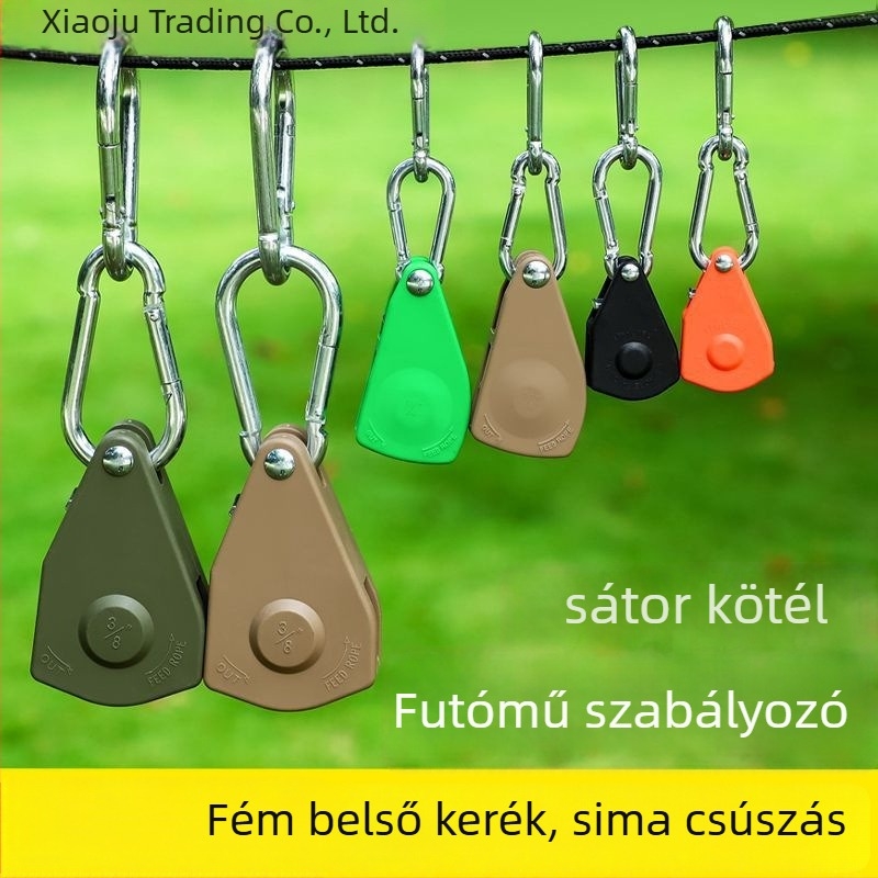 Sátor kötél görgős feszítő és állító, reflexiós kampóval a szabadtéri kempinghez