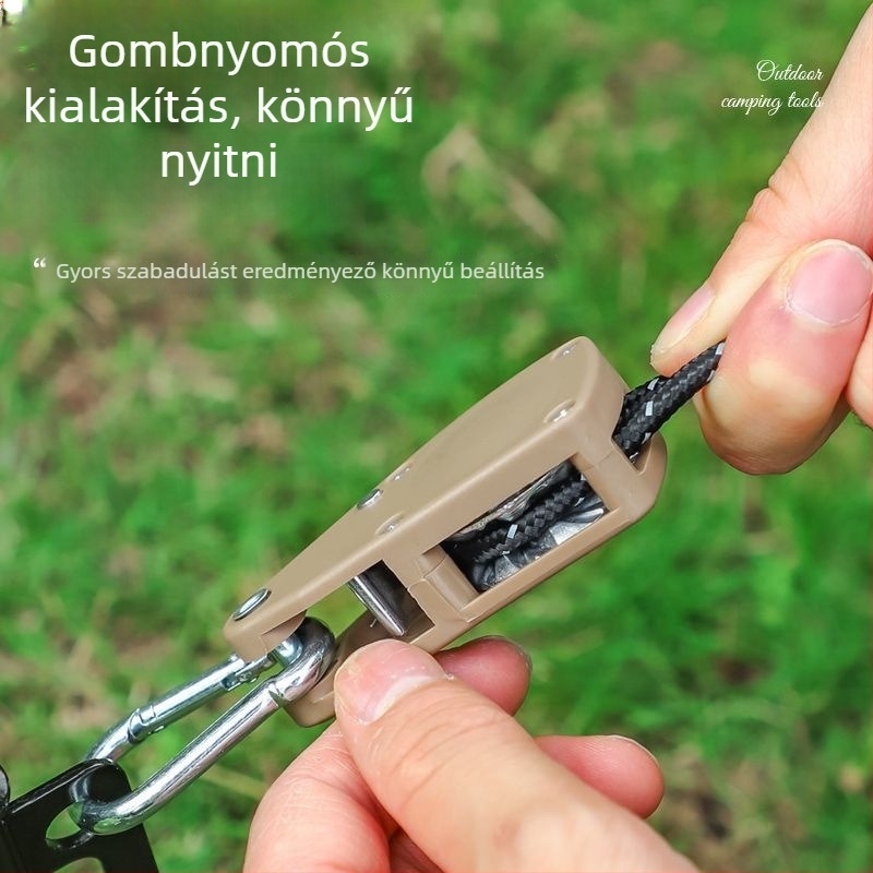 Sátor kötél görgős feszítő és állító, reflexiós kampóval a szabadtéri kempinghez