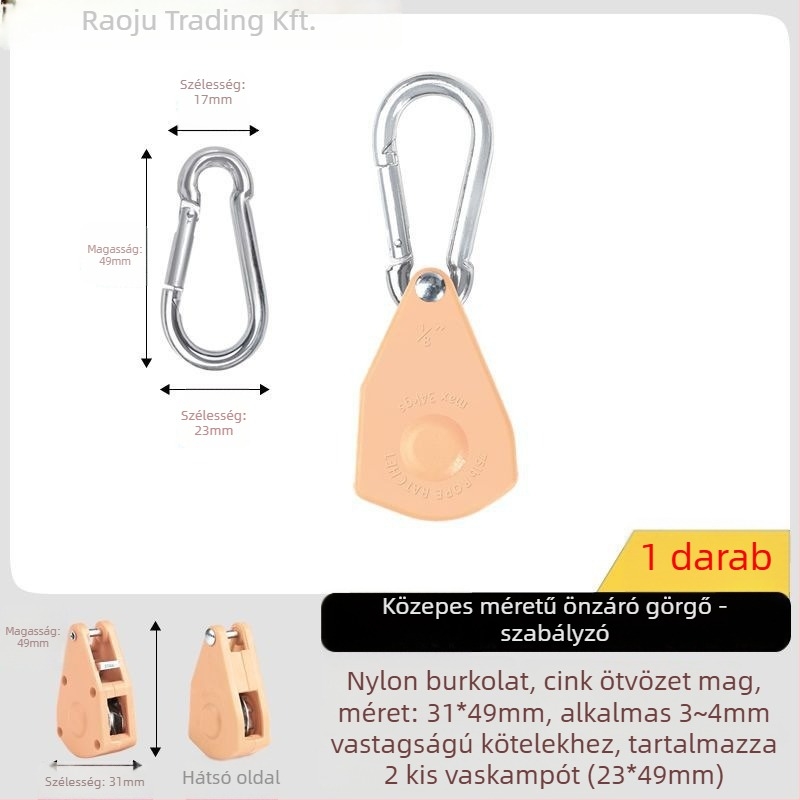 Sátor kötél görgős feszítő és állító, reflexiós kampóval a szabadtéri kempinghez