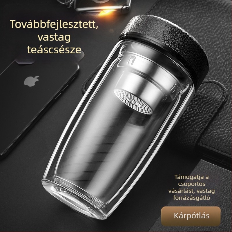 Intelligens hőmérséklet-kijelzővel ellátott dupla falú üveges teás pohár, fedővel és szűrővel, logó nyomtatás