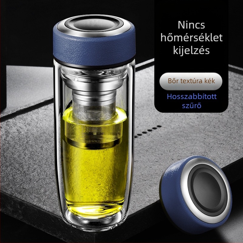 Intelligens hőmérséklet-kijelzővel ellátott dupla falú üveges teás pohár, fedővel és szűrővel, logó nyomtatás