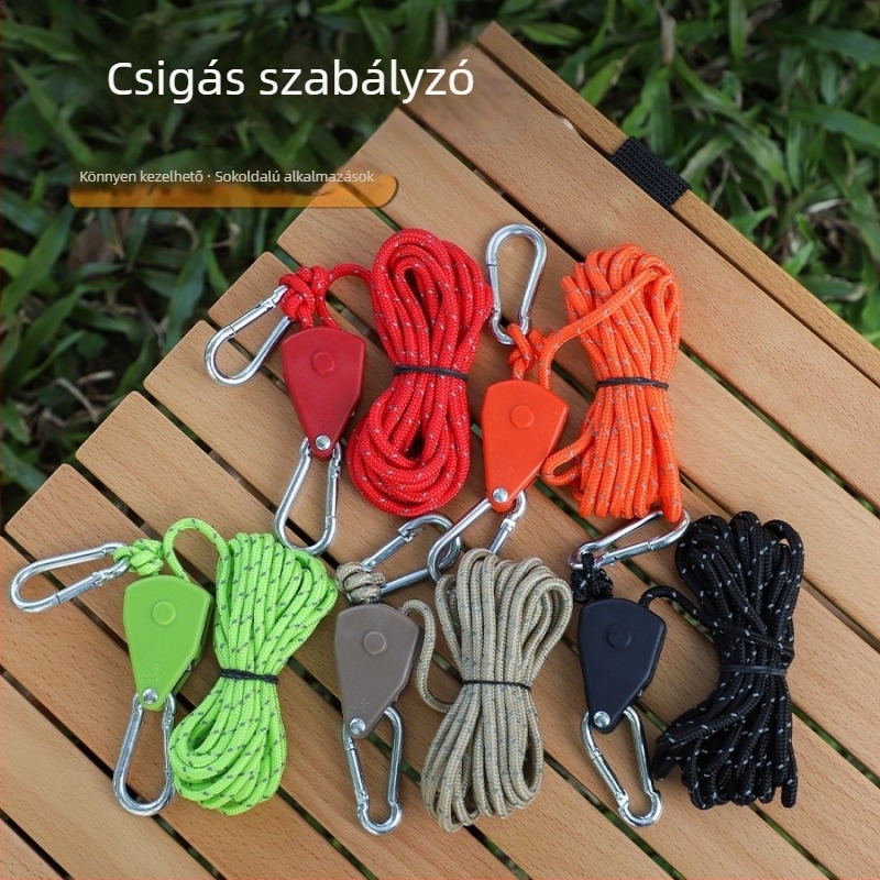 Sátor kiegészítő: csúszó állító görgő a pántokhoz, fém görgő, 4 mm-es kötél, fényvisszaverő kötél