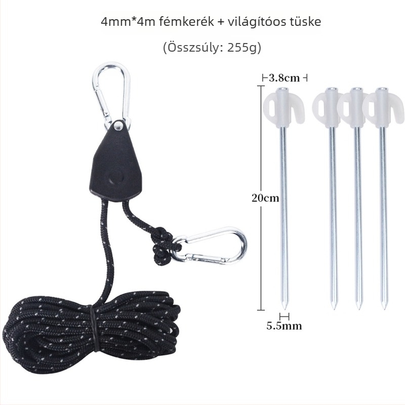 Sátor kiegészítő: csúszó állító görgő a pántokhoz, fém görgő, 4 mm-es kötél, fényvisszaverő kötél