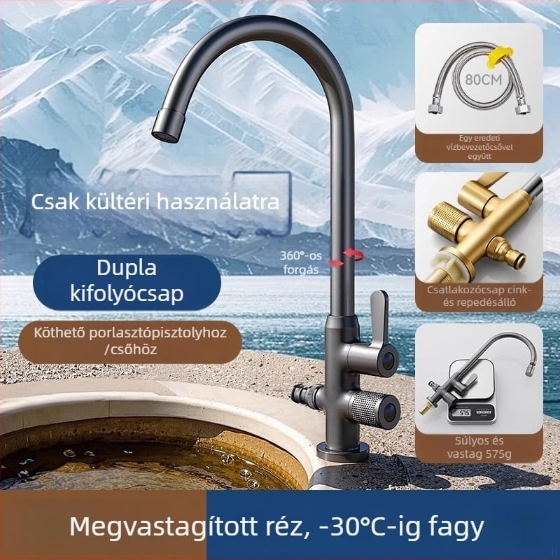 Kültéri anti-fagyasztó vízcsap mosdó/pult melletti mosogatóhoz, réz kivitel, 360°-os forgó keverő, kerámiadiszka szeleppel, hosszított anyás modell, 0–99°C