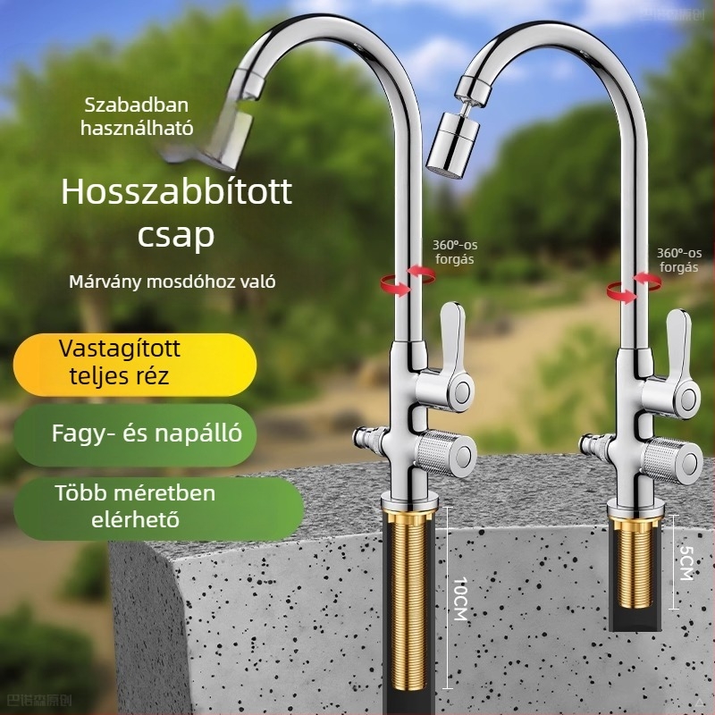 Kültéri anti-fagyasztó vízcsap mosdó/pult melletti mosogatóhoz, réz kivitel, 360°-os forgó keverő, kerámiadiszka szeleppel, hosszított anyás modell, 0–99°C