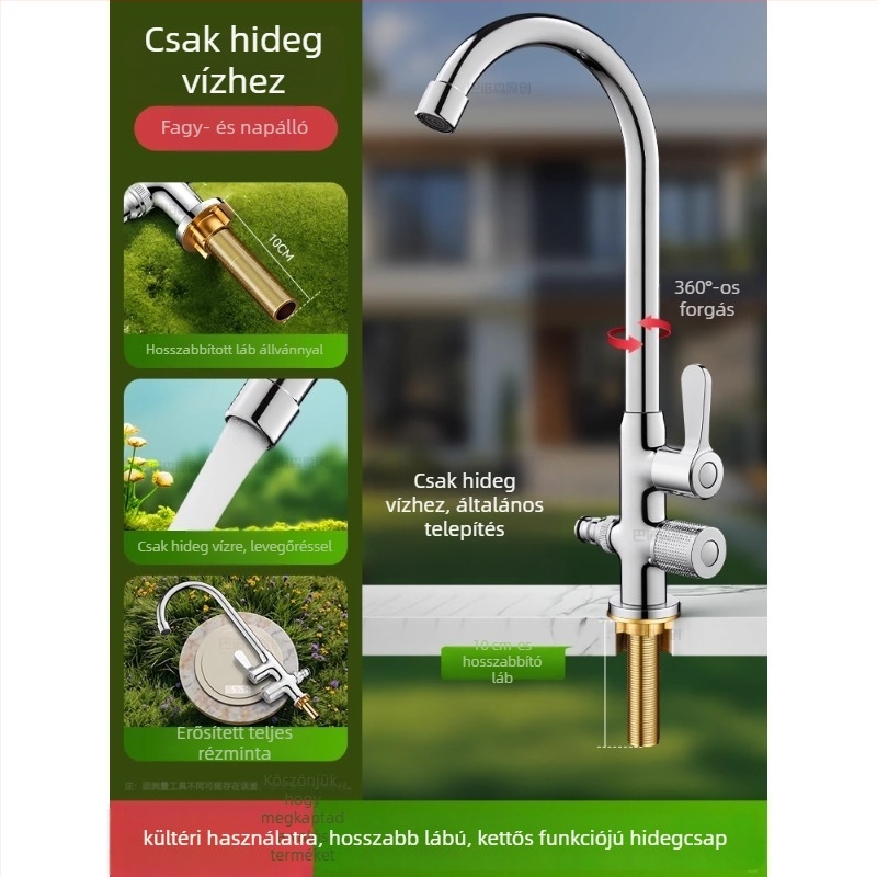 Kültéri anti-fagyasztó vízcsap mosdó/pult melletti mosogatóhoz, réz kivitel, 360°-os forgó keverő, kerámiadiszka szeleppel, hosszított anyás modell, 0–99°C