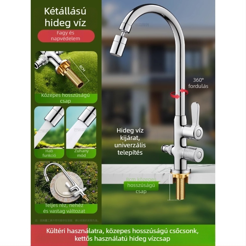Kültéri anti-fagyasztó vízcsap mosdó/pult melletti mosogatóhoz, réz kivitel, 360°-os forgó keverő, kerámiadiszka szeleppel, hosszított anyás modell, 0–99°C