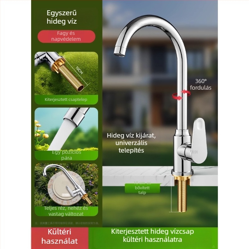 Kültéri anti-fagyasztó vízcsap mosdó/pult melletti mosogatóhoz, réz kivitel, 360°-os forgó keverő, kerámiadiszka szeleppel, hosszított anyás modell, 0–99°C