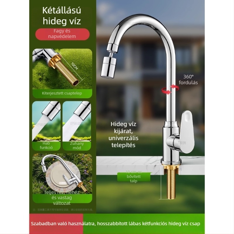 Kültéri anti-fagyasztó vízcsap mosdó/pult melletti mosogatóhoz, réz kivitel, 360°-os forgó keverő, kerámiadiszka szeleppel, hosszított anyás modell, 0–99°C