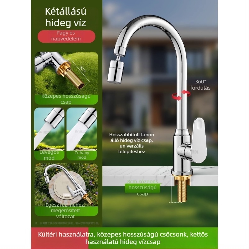 Kültéri anti-fagyasztó vízcsap mosdó/pult melletti mosogatóhoz, réz kivitel, 360°-os forgó keverő, kerámiadiszka szeleppel, hosszított anyás modell, 0–99°C
